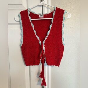 Cotton On Crochet Vest Scallop Edge Trim Red Tie Front Bow Coquette Cottagecore